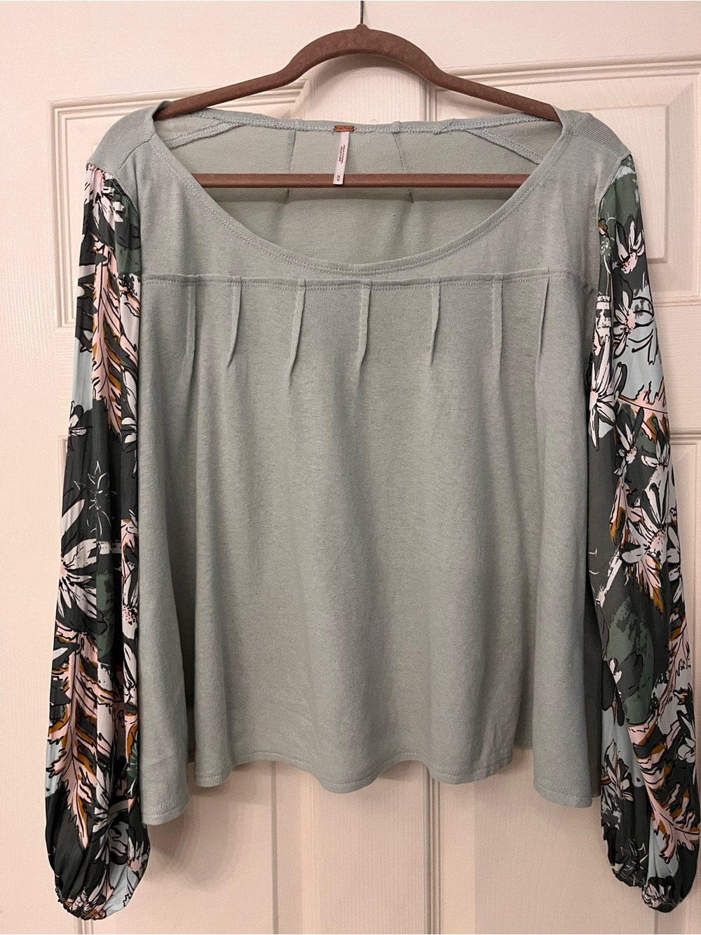 Free People Sage Green Scoop Neck Top with Floral Balloon Sleeves